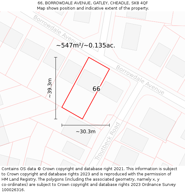 66, BORROWDALE AVENUE, GATLEY, CHEADLE, SK8 4QF: Plot and title map