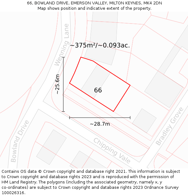 66, BOWLAND DRIVE, EMERSON VALLEY, MILTON KEYNES, MK4 2DN: Plot and title map