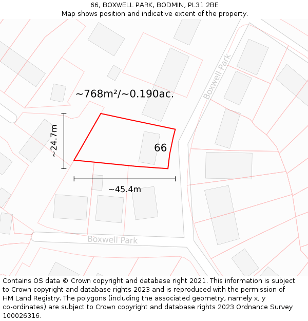 66, BOXWELL PARK, BODMIN, PL31 2BE: Plot and title map