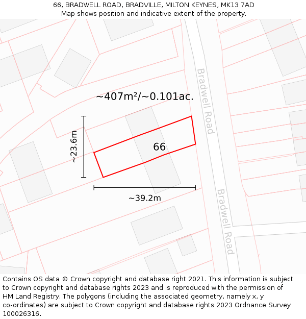 66, BRADWELL ROAD, BRADVILLE, MILTON KEYNES, MK13 7AD: Plot and title map