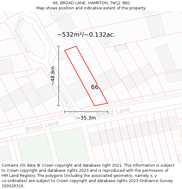 66, BROAD LANE, HAMPTON, TW12 3BG: Plot and title map