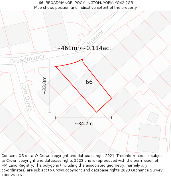 66, BROADMANOR, POCKLINGTON, YORK, YO42 2GB: Plot and title map