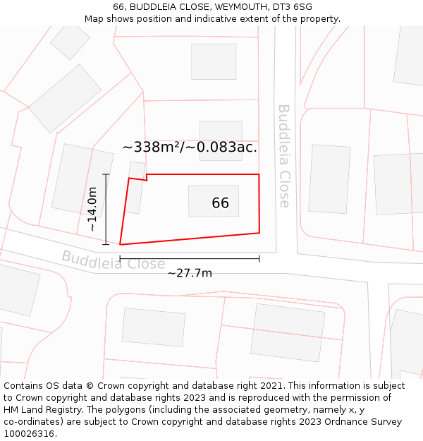 66, BUDDLEIA CLOSE, WEYMOUTH, DT3 6SG: Plot and title map