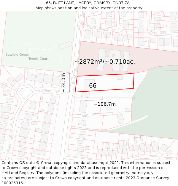 66, BUTT LANE, LACEBY, GRIMSBY, DN37 7AH: Plot and title map