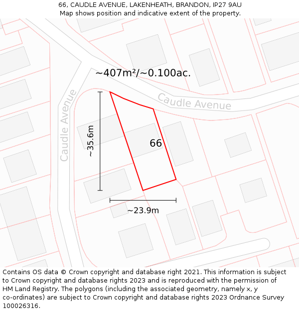 66, CAUDLE AVENUE, LAKENHEATH, BRANDON, IP27 9AU: Plot and title map