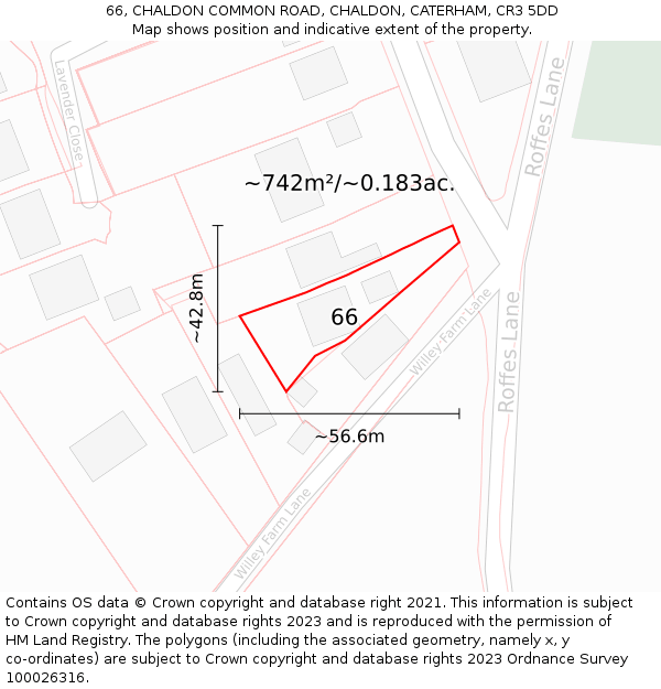 66, CHALDON COMMON ROAD, CHALDON, CATERHAM, CR3 5DD: Plot and title map