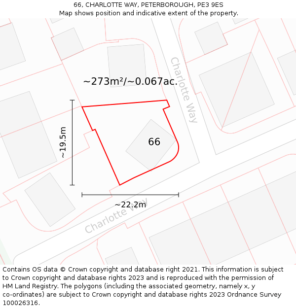 66, CHARLOTTE WAY, PETERBOROUGH, PE3 9ES: Plot and title map