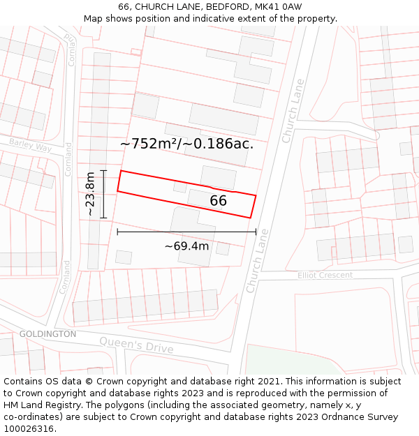 66, CHURCH LANE, BEDFORD, MK41 0AW: Plot and title map