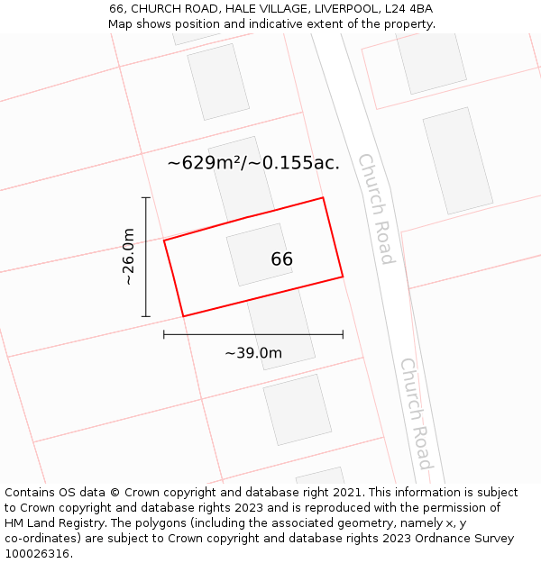 66, CHURCH ROAD, HALE VILLAGE, LIVERPOOL, L24 4BA: Plot and title map