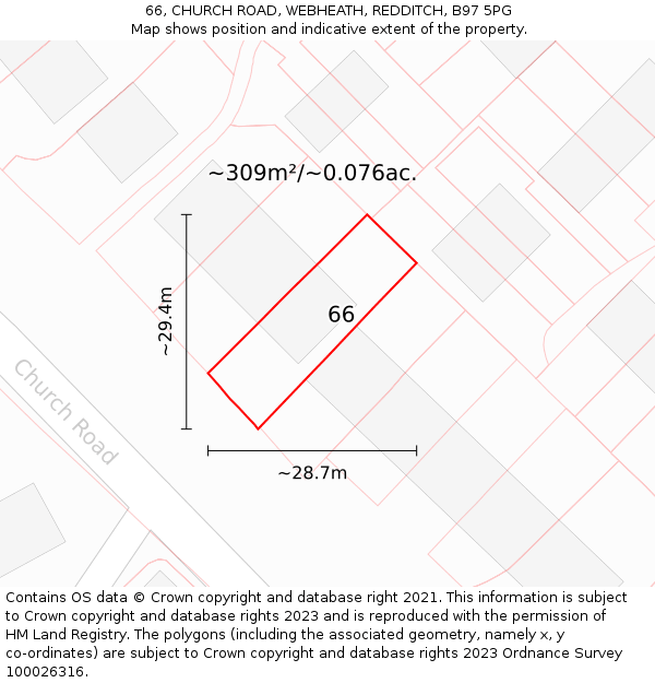 66, CHURCH ROAD, WEBHEATH, REDDITCH, B97 5PG: Plot and title map