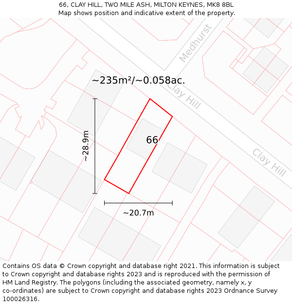 66, CLAY HILL, TWO MILE ASH, MILTON KEYNES, MK8 8BL: Plot and title map