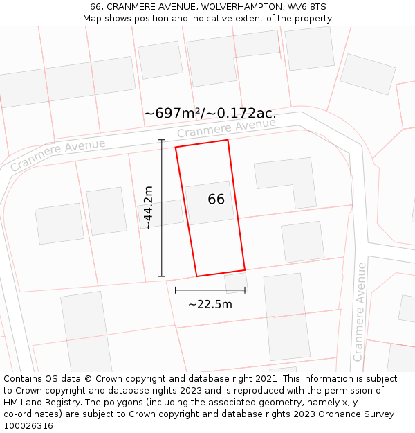 66, CRANMERE AVENUE, WOLVERHAMPTON, WV6 8TS: Plot and title map