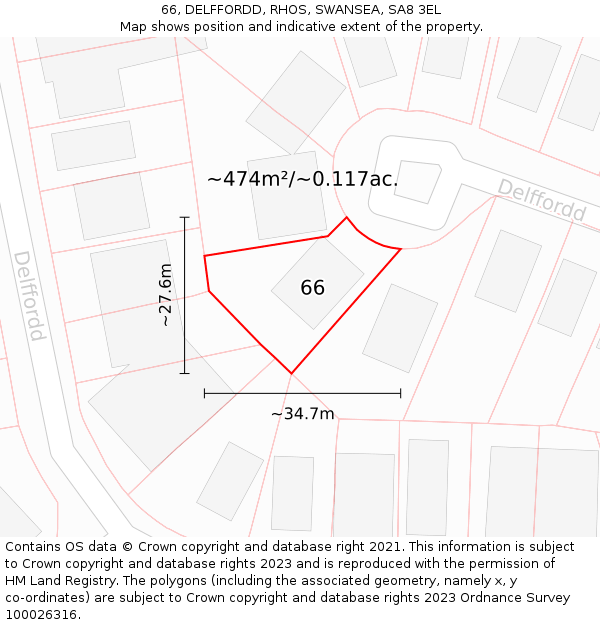 66, DELFFORDD, RHOS, SWANSEA, SA8 3EL: Plot and title map