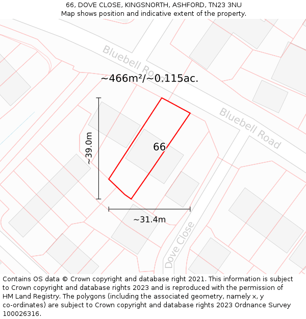 66, DOVE CLOSE, KINGSNORTH, ASHFORD, TN23 3NU: Plot and title map