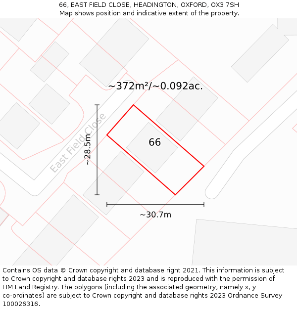 66, EAST FIELD CLOSE, HEADINGTON, OXFORD, OX3 7SH: Plot and title map