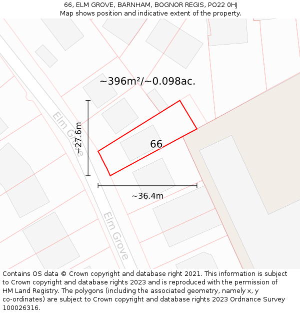 66, ELM GROVE, BARNHAM, BOGNOR REGIS, PO22 0HJ: Plot and title map