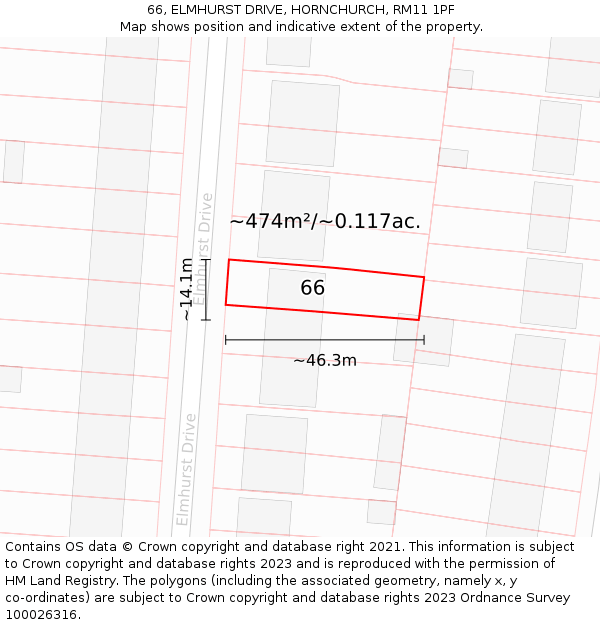 66, ELMHURST DRIVE, HORNCHURCH, RM11 1PF: Plot and title map