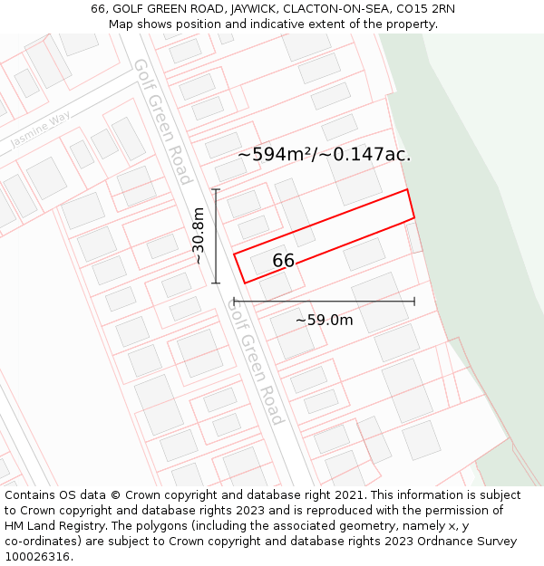 66, GOLF GREEN ROAD, JAYWICK, CLACTON-ON-SEA, CO15 2RN: Plot and title map