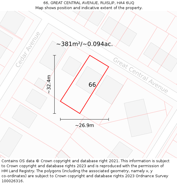 66, GREAT CENTRAL AVENUE, RUISLIP, HA4 6UQ: Plot and title map