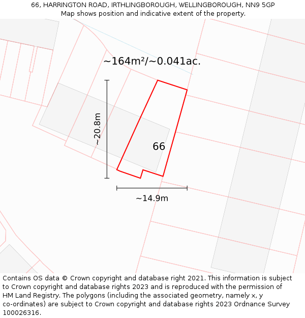 66, HARRINGTON ROAD, IRTHLINGBOROUGH, WELLINGBOROUGH, NN9 5GP: Plot and title map