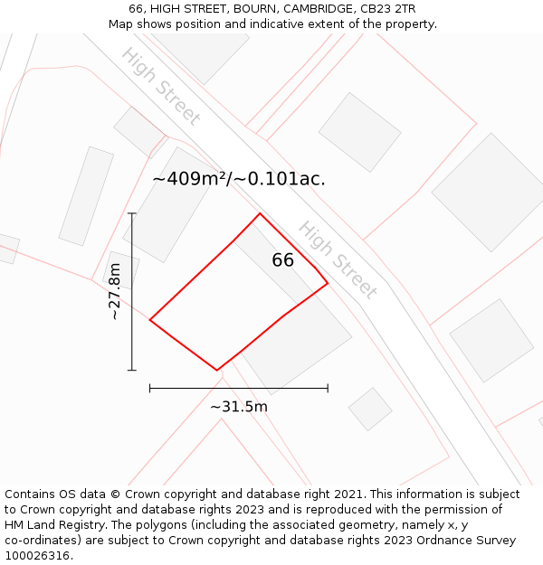 66, HIGH STREET, BOURN, CAMBRIDGE, CB23 2TR: Plot and title map