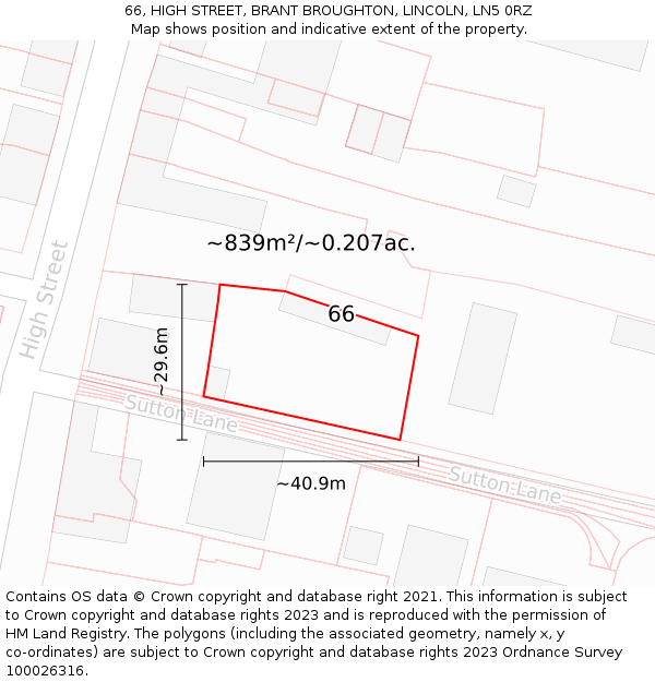 66, HIGH STREET, BRANT BROUGHTON, LINCOLN, LN5 0RZ: Plot and title map