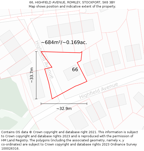 66, HIGHFIELD AVENUE, ROMILEY, STOCKPORT, SK6 3BY: Plot and title map