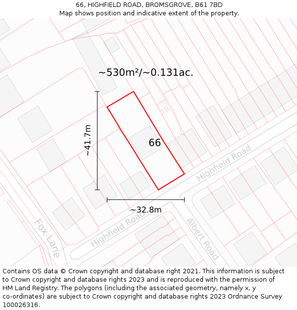 66, HIGHFIELD ROAD, BROMSGROVE, B61 7BD: Plot and title map