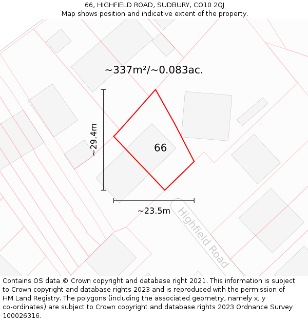 66, HIGHFIELD ROAD, SUDBURY, CO10 2QJ: Plot and title map