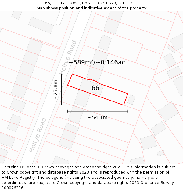 66, HOLTYE ROAD, EAST GRINSTEAD, RH19 3HU: Plot and title map