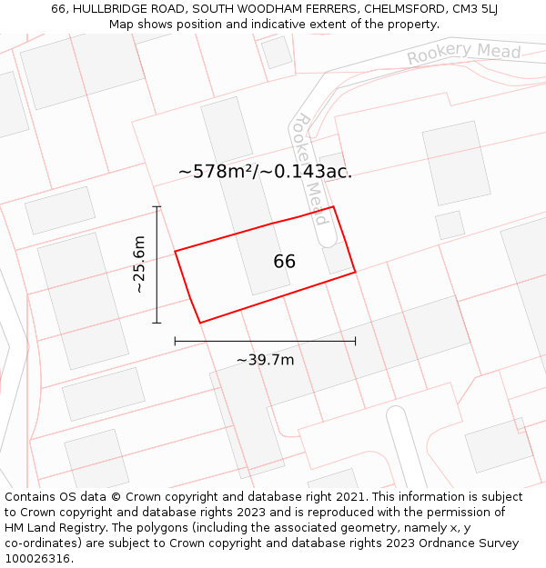 66, HULLBRIDGE ROAD, SOUTH WOODHAM FERRERS, CHELMSFORD, CM3 5LJ: Plot and title map