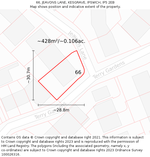 66, JEAVONS LANE, KESGRAVE, IPSWICH, IP5 2EB: Plot and title map