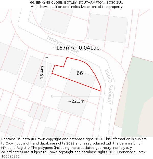 66, JENKYNS CLOSE, BOTLEY, SOUTHAMPTON, SO30 2UU: Plot and title map