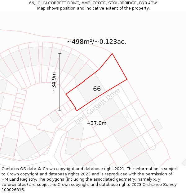 66, JOHN CORBETT DRIVE, AMBLECOTE, STOURBRIDGE, DY8 4BW: Plot and title map