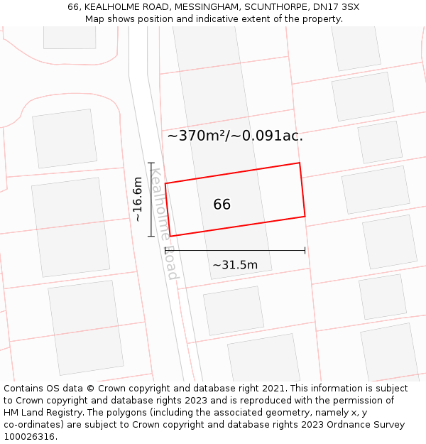 66, KEALHOLME ROAD, MESSINGHAM, SCUNTHORPE, DN17 3SX: Plot and title map