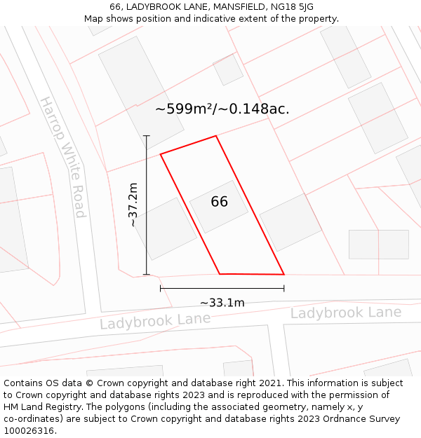 66, LADYBROOK LANE, MANSFIELD, NG18 5JG: Plot and title map