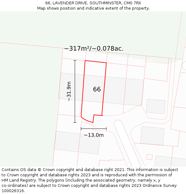 66, LAVENDER DRIVE, SOUTHMINSTER, CM0 7RX: Plot and title map