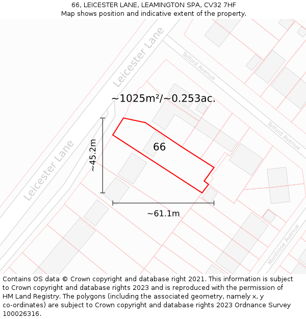 66, LEICESTER LANE, LEAMINGTON SPA, CV32 7HF: Plot and title map