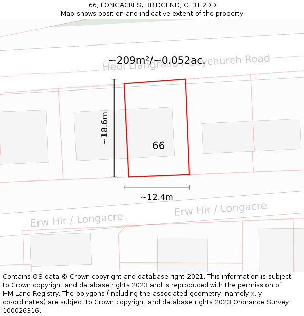 66, LONGACRES, BRIDGEND, CF31 2DD: Plot and title map