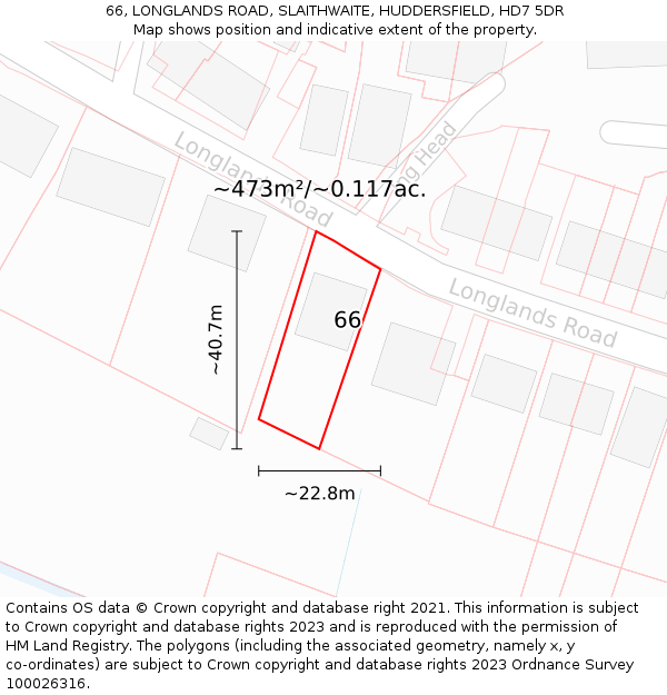 66, LONGLANDS ROAD, SLAITHWAITE, HUDDERSFIELD, HD7 5DR: Plot and title map