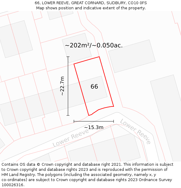 66, LOWER REEVE, GREAT CORNARD, SUDBURY, CO10 0FS: Plot and title map