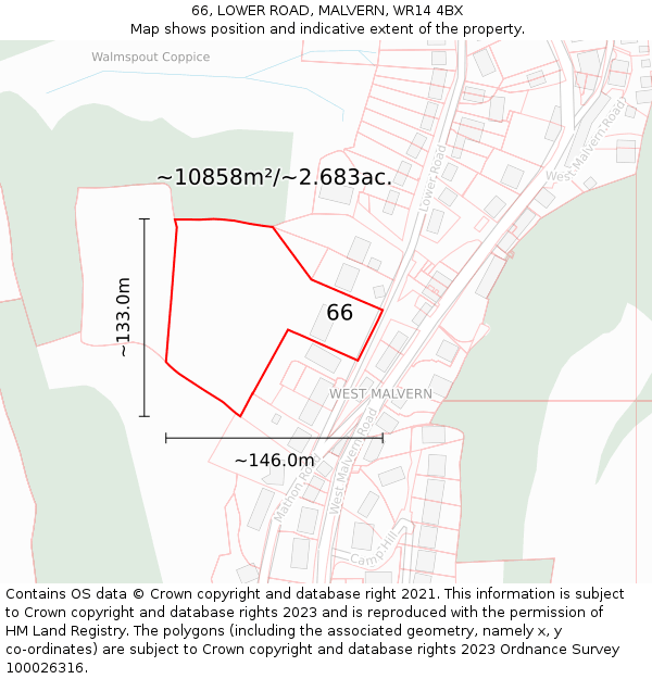 66, LOWER ROAD, MALVERN, WR14 4BX: Plot and title map