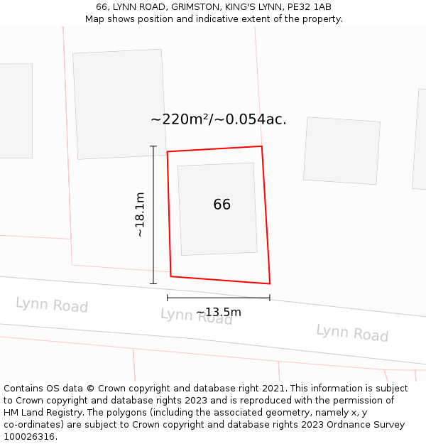 66, LYNN ROAD, GRIMSTON, KING'S LYNN, PE32 1AB: Plot and title map