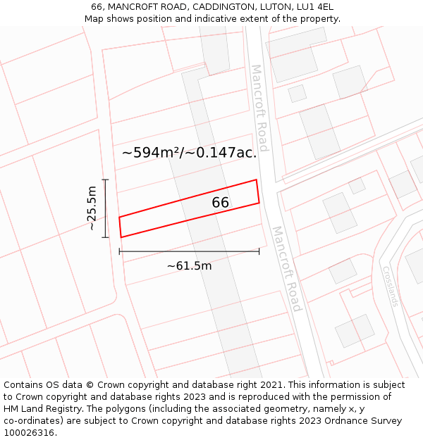 66, MANCROFT ROAD, CADDINGTON, LUTON, LU1 4EL: Plot and title map