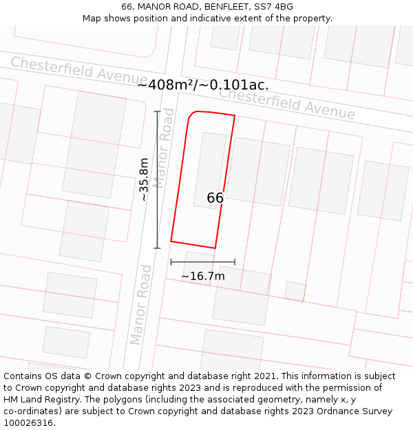 66, MANOR ROAD, BENFLEET, SS7 4BG: Plot and title map