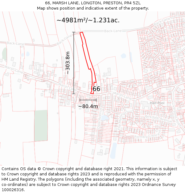 66, MARSH LANE, LONGTON, PRESTON, PR4 5ZL: Plot and title map