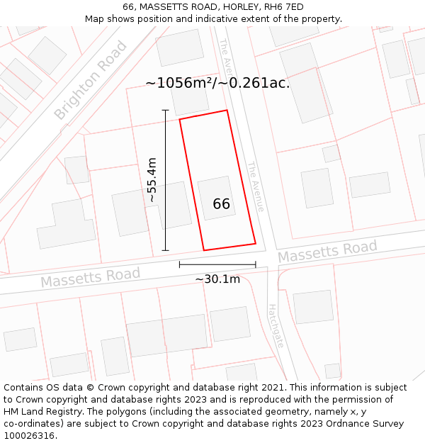 66, MASSETTS ROAD, HORLEY, RH6 7ED: Plot and title map