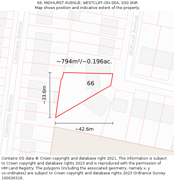 66, MIDHURST AVENUE, WESTCLIFF-ON-SEA, SS0 0NR: Plot and title map