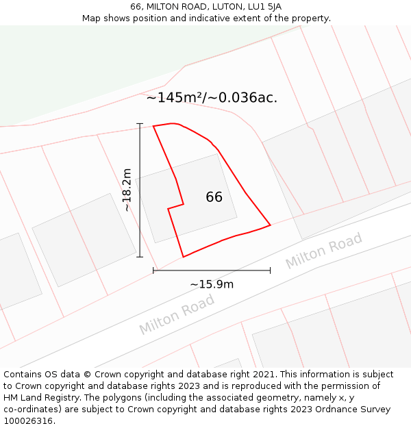 66, MILTON ROAD, LUTON, LU1 5JA: Plot and title map