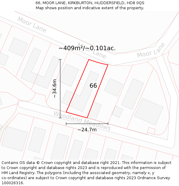 66, MOOR LANE, KIRKBURTON, HUDDERSFIELD, HD8 0QS: Plot and title map